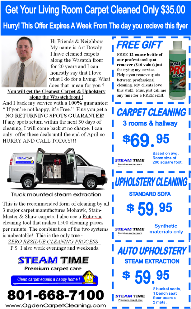 Steam Time Carpet Care offers special carpet cleaning deals every week to wasatch utah area residents